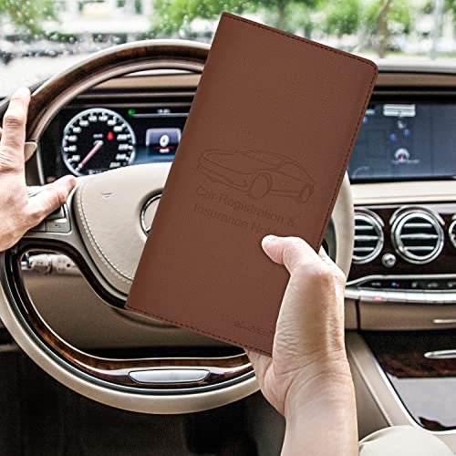 Car Insurance and Registration Holder, 9.5 x 5 Inch PU Leather Vehicle Glove Box Organizer Wallet Case for Insurance Card, Driver License, Paperwork - Brown - color: Brown