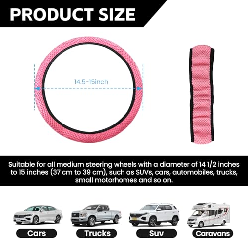 Elastic Stretch Car Steering Wheel Cover, Comfortable Steering Wheel Cover Universal for 14.5-15 Inch, Warm in Winter & Cool in Summer, Anti-Slip Breathable Ice Silk (Pink) - color: Pink