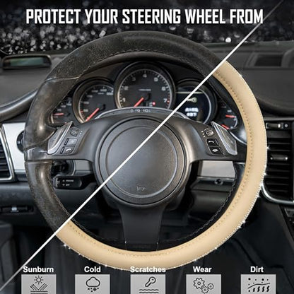 CAR PASS Bling Diamond Beige Leather Steering Wheel Cover, White Sparkly Crystal Glitter Rhinestones Universal Fit 14" 1/2-15" Car Wheel Protector for Women Girl Fit Suvs,Vans,Sedans,Trucks, Beige - color: Beige Leather