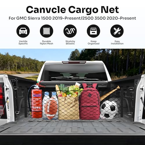 Canvcle Truck Bed Cargo Net for 2019-2025 2026 GMC Sierra 1500/2020-2026 Chevy Silverado 2500 3500 Accessories Envelope Style Mesh Trunk Net Organizer and Storage Stretchable Nylon Rear Cargo Netting - style: for Chevy Silverado