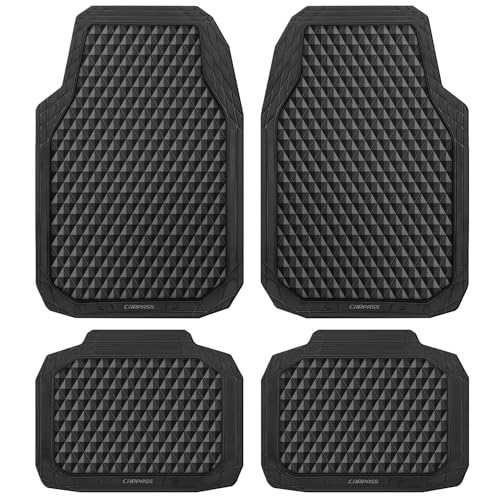 CAR PASS Black Rubber Car Mats, All-Weather Floor Mats Full Set Durable Anti-Slip 3D Rhombus Waterproof Automotive Pad Trim to Fit Liner Universal Fit for Sedan SUV Truck Van, 4 Pcs All Black Rubber - color: All Black