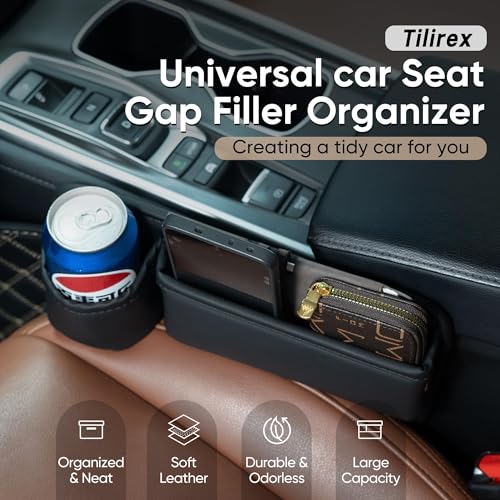 Universal Car Seat Gap Filler Organizer, Premium Leather Car Seat Organizer, Seat Gap Storage Box with Cup Holder for Drink, Front Seat Gap Bag for Phone, Sunglasses,Keys, 2 Packs (Left+Right)