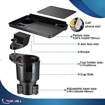 Cup Holder Tray for Car, 2 in 1 Detachable Car Food Table Tray with Solid Base & Phone Slot,Car Cup Holder Expander with 360°Rotation Tray for Travel Road Essentials