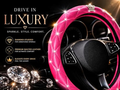 Bling Sparkly Crown Soft Leather Car Steering Wheel Cover For Women Girl,Bling Diamond Crystal Glitter Rhinestones Universal Fit 14.5in-15in Auto Wheel Protector for Suvs,Vans,Sedans,Cars (Crown-Pink) - color: Crown-Pink