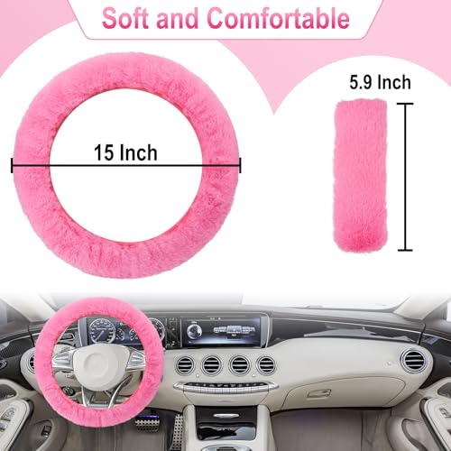 3 PCS Fluffy Steering Wheel Cover Set, 15'' Furry Car Wheel Cover, 2 Seat Belt Shoulder Pads, Anti-Slip Fur Steering Wheel Cover, Winter Warm Fluffy Car Accessories for Women, Pink - color: pink