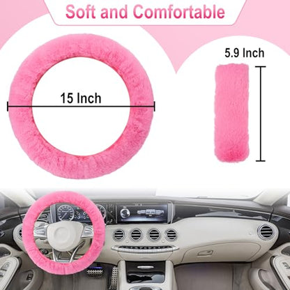 3 PCS Fluffy Steering Wheel Cover Set, 15'' Furry Car Wheel Cover, 2 Seat Belt Shoulder Pads, Anti-Slip Fur Steering Wheel Cover, Winter Warm Fluffy Car Accessories for Women, Pink - color: pink