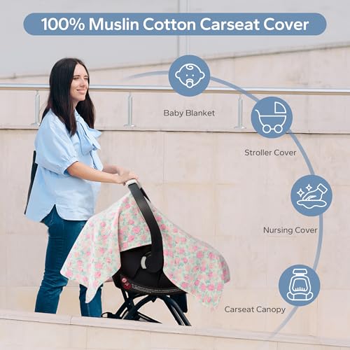 SERAPHY 100% Muslin Cotton Car Seat Cover Baby, 2 Pack Universal Carseat Covers Baby Boy Girl, Breathable Car Seat Canopy, Soft Infant Car Seat Cover for Summer and Winter—2 Pcs Pink&Flowers - color: Pink&Flowers