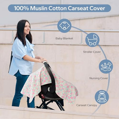 SERAPHY 100% Muslin Cotton Car Seat Cover Baby, 2 Pack Universal Carseat Covers Baby Boy Girl, Breathable Car Seat Canopy, Soft Infant Car Seat Cover for Summer and Winter—2 Pcs Pink&Flowers - color: Pink&Flowers