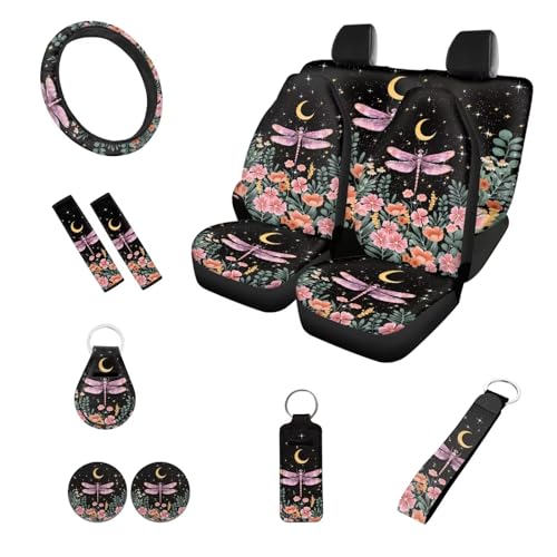 12 Pack Car Seat Covers Dragonfly with Moon and Stars Seat Cover for Cars，Universal Fit Cottagecore Style Auto Steering Wheel Cover Seatbelt Keychain Cup Coaster for Drink，Auto Interior Set - color: Dragonfly with Moon and Stars