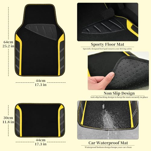 CAR PASS Leather Steering Wheel Cover and Waterproof Car Floor Mats,Microfiber Universal Car Combo Fit for 95% Sedan SUV Van Truck,14.5-15 inch Sporty Anti-Slip Safety Comfortable Design, Black＆Yellow - color: Black&Yellow