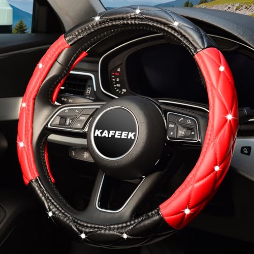 Diamond Soft Leather Steering Wheel Cover with Bling Bling Crystal Rhinestones, Universal 15 inch, Black Red - color: Black and Red, size: Medium(Standard) Size[14.5"-15"]