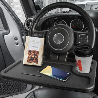 Front Seat Organizer with Steering Wheel Tray – Universal Car Storage Caddy for Drinks, Snacks, Gadgets, and Tablets, Adjustable, Multi-Pocket Travel and Office Accessory fits Car, Truck, Vans
