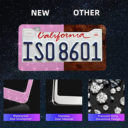 25PCS Bling Car Car Accessories Set,15 Inch Steering Wheel Cover,Shiny License Plate Frame,Center Console Cover and Rearview Mirror Set and Other Car Accessories(Pink) - color: Pink
