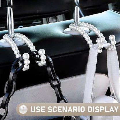 2PCS Car Pearl Seat Headrest Hooks, Elegant Exquisite Purse Hook for Car, High Load-Bearing Seat Hook Hanger Storage Organizer, Interior Accessories for Bags, Umbrellas (White)