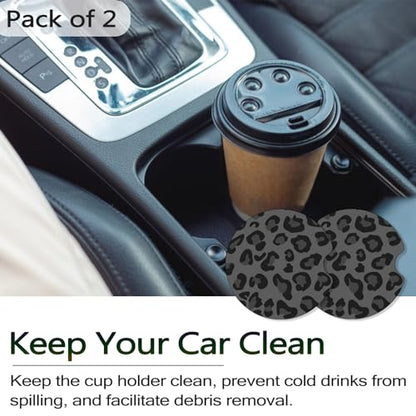 Car Coasters for Cup Holders, 2 Pack Non-Slip Universal Rubber Car Cup Coaster for Women, Car Interior Accessories - Black Leopard