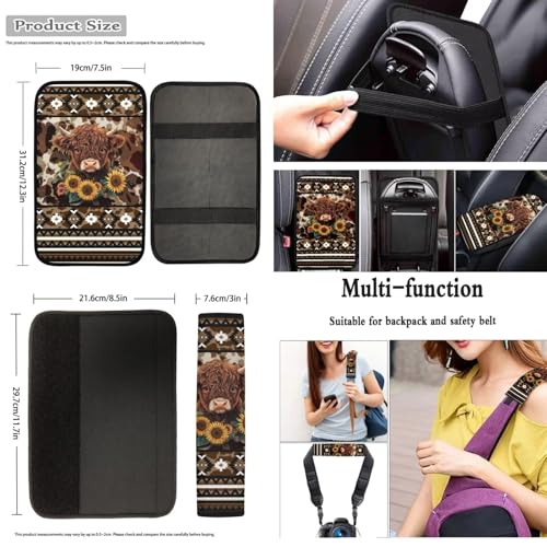 Dreaweet Aztec Brown Cow Print Car Seat Covers Full Set Cute Sunflower Highland Cow Car Accessories,Car Steering Wheel Cover Armrest Cover Seat Belt Pads Cup Holders Gear Shift Cover Handbrake Cover - color: Aztec Sunflower Highland Cow