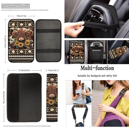 Dreaweet Aztec Brown Cow Print Car Seat Covers Full Set Cute Sunflower Highland Cow Car Accessories,Car Steering Wheel Cover Armrest Cover Seat Belt Pads Cup Holders Gear Shift Cover Handbrake Cover - color: Aztec Sunflower Highland Cow