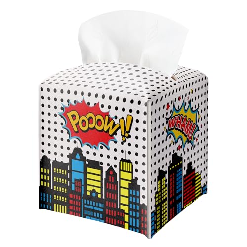 Superhero Comic Cityscape Square Leather Tissue Box Cover – Pow! Superhero Themed Facial Paper Organizer, for Kids & Superhero Fans, Decor for Bathroom, Party & Baby Shower - color: Colorful06