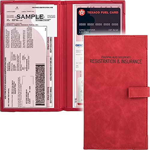 Auto Insurance and Registration Card Holder - Vehicle Glove Box Document Organizer - Car Essential Paperwork Holder for DMV, AAA, Contact Information Cards - Premium PU Leather Wallet Case - Red - color: Red