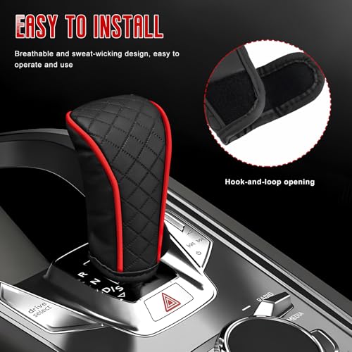 Car Gear Shift Cover, Scratch Resistant Gearshift Knob Protector with Hook-and-Loop Fastener, Universal Leather Gear Knob Protective Cover for Most Vehicles, Car Accessories (Black & Red)