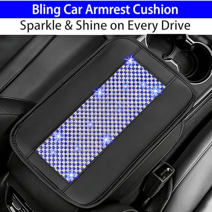 NBTEPEM Bling Car Armrest Cover, Universal Microfiber Leather Center Console Cover with 2 Pockets, Rhinestone Car Armrest Cushion Protector, Bling Accessories Interior for Most Vehicles (Blue Diamond)