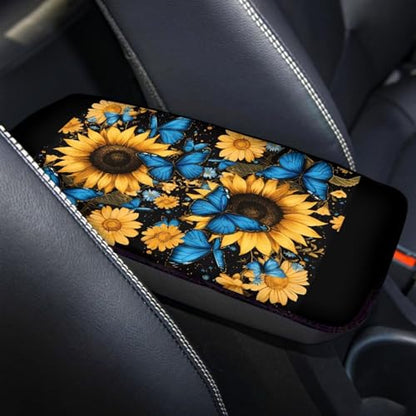 Butterfly Sunflower Print Car Console Covers for SUV,Universal Car Center Console Cushion Pad for Women - color: Butterfly Sunflower