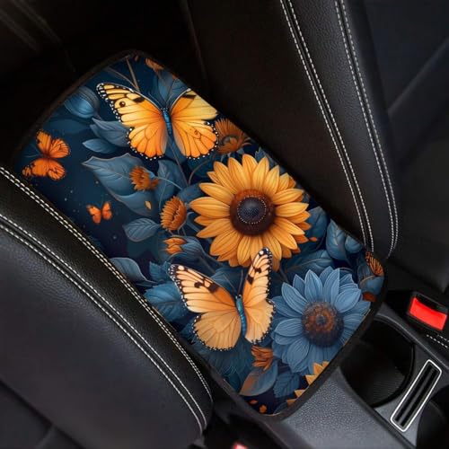Sunflower Butterfly Print Center Console Cover Armrest Cover for Car,Universal Auto Interior Accessories for Women - color: Sunflower Butterfly