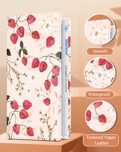 Slohif Car Registration and Insurance Holder - Strawberry Vehicle Glove Box Organizer Women with Magnetic Shut Leather Automobile License Holders Coasters Auto Accessories Case for Document - color: Strawberry