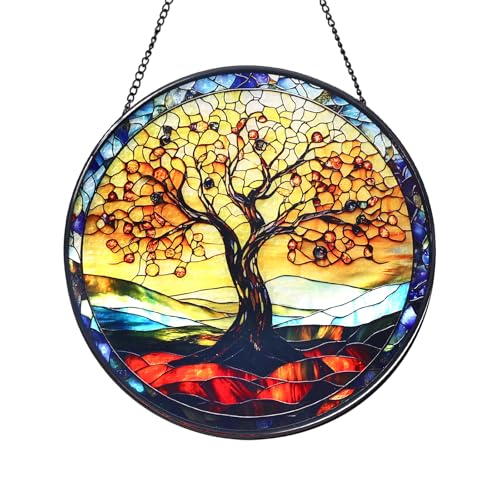 Tree of Life Stained Glass Window Hanging Suncatcher with Chain - 7.9" Outdoor/Indoor Art Decor for Home Garden, Wedding, Mother's, Thanksgiving, Valentine's & Christmas Ornaments Present - color: Tree of Life