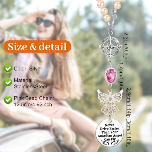 Rear View Mirror Accessories - Pink Pearl Angel Car Mirror Charm - Guardian Angel Hanging Accessory with Inspirational Message, Universal Fit Car Decor Gift for Women
