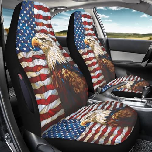 2 Piece Front Car Seat Cover, Eagle American Flag Print Waterproof Car Front Cushion Protector, Airbag Compatible Auto Front Seat Cover, Universal Fit Auto Interior Accessories - color: Red and White - Eagle American Flag