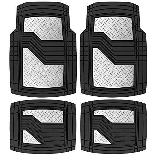 BDK Cat® Heavy Duty Rubber Floor Mats for Car SUV Truck & Van-All Weather Protection, Front & Rear with Heelpad & Anti-Slip Nibs Backing, Universal Trim-to-Fit - color: Black/Chrome, style: DiamondShield Metallic
