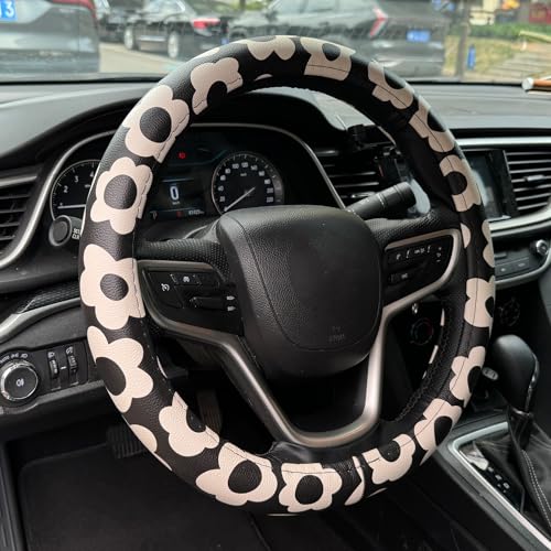 Vintage Groovy Flowers Car Leather Steering Wheel Cover - 15-inch Universal Microfiber- Soft & Breathable & Silicone Anti Slip Auto Steering Wheel Wrap for Women (Black) - color: Black