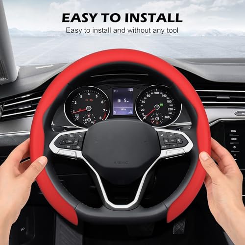 Nappa Leather Steering Wheel Cover,Universal Fit 15 Inch-Premium Non-Slip Breathable Comfort Grip for Cars Trucks SUVs,Anti-Slip Durable Interior Upgrade Red - color: Red