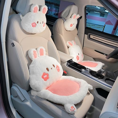 3Pcs Cartoon Car Seat Cushion Lumbar Support Pillow and Neck Pillow, Cute Car Seat Pillow Headrest Pillow Back Support for Driving Fatigue Relief,for Office Chair Truck SUV (Rabbit Sets) - color: Rabbit Sets