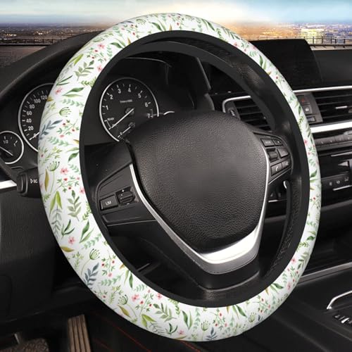 Flowers Leaves Steering Wheel Cover for Women Elastic Rubber Steering Wheel Universal 15 Inch Fit for Cars, Auto, SUVs - color: Flowers Leaves