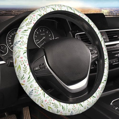 Flowers Leaves Steering Wheel Cover for Women Elastic Rubber Steering Wheel Universal 15 Inch Fit for Cars, Auto, SUVs - color: Flowers Leaves