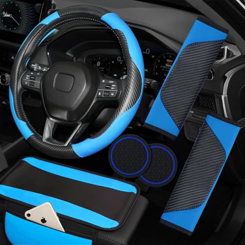 6PCS Blue Car Accessories Set, Carbon Fiber Microfiber Leather Steering Wheel Cover 14.5-15", Center Console Armrest Cover, Seat Belt Pads & Cup Holder Coasters, Universal Interior Decor - color: Blue