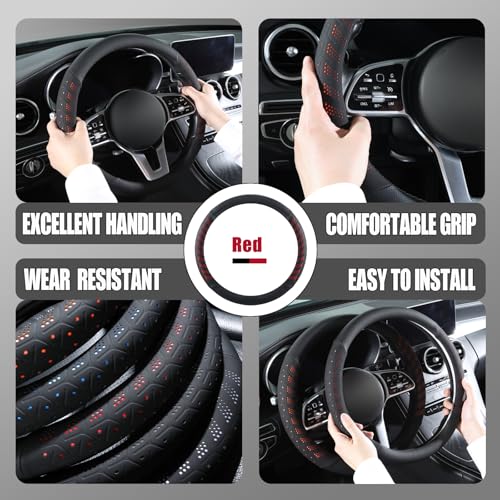 3D Premium Skin-Feel Leather Car Steering Wheel Cover, Anti-Slip Breathable Soft Slim Design, Universal 15 inch, Black with Red - color: Black with Red, size: Round-Medium[14.5''-15'']