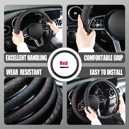 3D Premium Skin-Feel Leather Car Steering Wheel Cover, Anti-Slip Breathable Soft Slim Design, Universal 15 inch, Black with Red - color: Black with Red, size: Round-Medium[14.5''-15'']