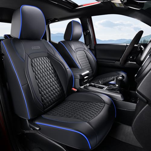 Coverado Tacoma Front Seat Covers, Faux Leather Custom Fit for 2005-2015 Toyota Tacoma Double/Crew Cab Base, PreRunner, SR5, Limited, TRD Sport, Front Seat Protection (Blue Line) - color: Blue Line, size: Front（2005-2015）
