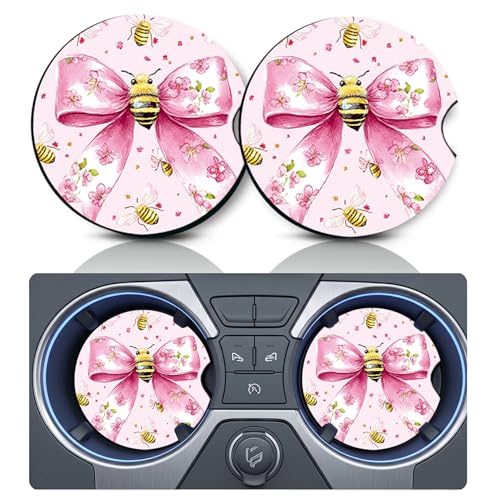 2PCS Pink Bows Bees Car Cup Holder Coasters,Cars Coasters for Cup Holders,2.75" Universal Anti Slip Rubber Mat with Finger Slot, Pink Bow Bee Accessories Interior Decor,Bow Bee Gifts for Women,Men - color: Pink Bow Bee