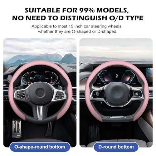Nappa Leather Steering Wheel Cover,Universal Fit 15 Inch-Premium Non-Slip Breathable Comfort Grip for Cars Trucks SUVs,Anti-Slip Durable Interior Upgrade Light Pink - color: Light Pink