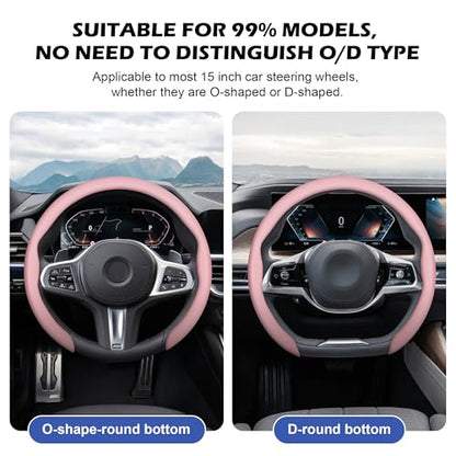 Nappa Leather Steering Wheel Cover,Universal Fit 15 Inch-Premium Non-Slip Breathable Comfort Grip for Cars Trucks SUVs,Anti-Slip Durable Interior Upgrade Light Pink - color: Light Pink