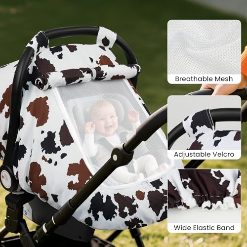Elstey Car Seat Cover Baby, Minky Dot Carseat Covers Baby Boys Girls, Lightweight Infant Car Seat Cover Canopy with 2 Layers Breathable Mesh Windows, Stroller Carrier for Babies Newborn Essentials - color: Brown Black Cow