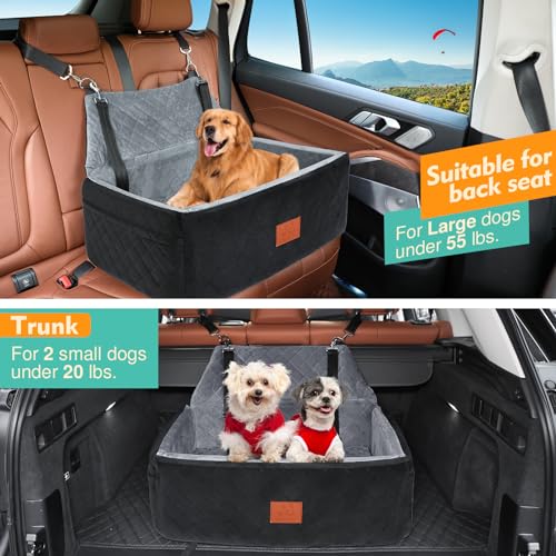 Dog Car Seat for Large Medium Dogs,Washable Pet CarSeat Under 55 lbs or 2 Small Dogs,Dog Booster Seat Travel Bed with Thick Cushion,2 Safety Leashes - color: Black/grey