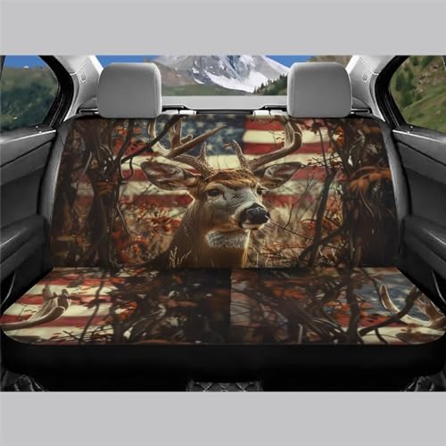 WELLFLYHOM Hunting Deer Car Seat Covers for Women Men Rear Bench Seat Cover American Flag Car Accessories Universal Saddle Blanket Seats Protective Cover Fit Trucks SUV Van, 2 Pcs Set - color: 00 Hunting Deer American Flag