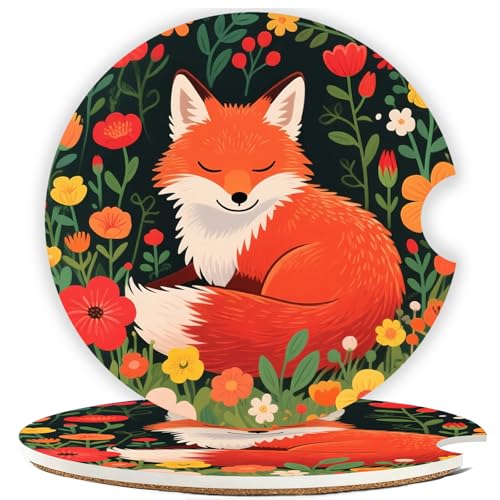 Car Cup Holder Coaster Set of 2, 2.56 in Ceramic Coasters, Scratch-Resistant Cork Backing, Finger Groove Design for Easy Placement, Cute Car Accessories Interior for Women (Red Fox) - color: Red Fox