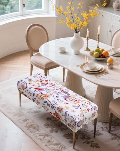Fuloon Stretch Bench Cover, Anti-Dust Removable Dining Bench Slipcover Washable Seat Cushion Protector for Bedroom, Kitchen, Hotel, Banquet, Red White Flower - color: Flower Red White