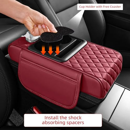 5 in 1 Car Center Console Cover, Armrest Pad with 2 Storage Pockets, Cup Holder, Tissue Slot, Phone Holder, Nappa Leather Memory Foam Car Accessories for SUV Sedan Truck (Burgundy)